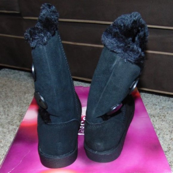 Womens Winter Boots SO Black 7 Mid Calf Pull On Plush Suede Button Fx Fur Trim - Picture 8 of 11